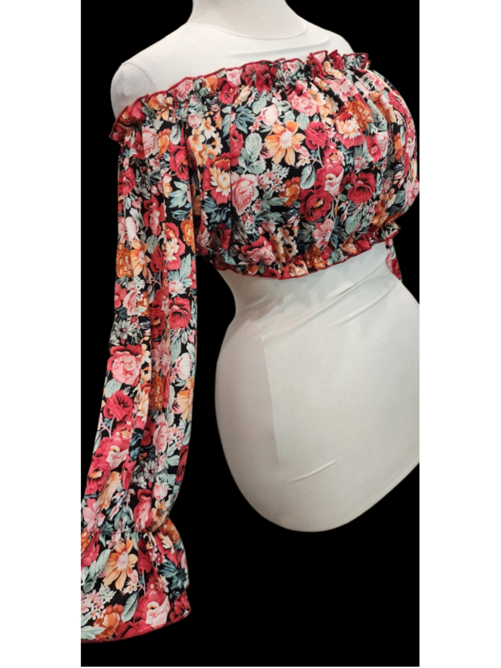 Plus Size Floral Off-Shoulder Crop Top Long Ruffle Bell Sleeves SHEIN Curve 1XL